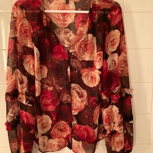 White House Black Market Floral Blouse with Pink and Red Roses